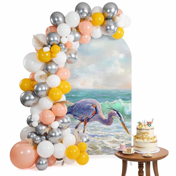 Blue Heron Arch Backdrop Cover 4FT Coastal Ocean Waves Bird Water Splash Realistic Style Spandex Fitted Arch Covers Stretchy Backdrop Decoration for Wedding Birthday Graduation Party