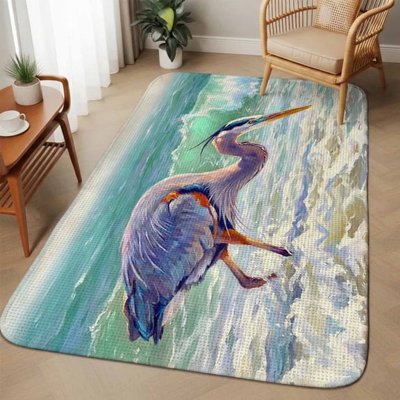 Blue Heron Area Rugs for Living Room 5x6, Coastal Ocean Waves Bird Water Splash Realistic Style Washable Area Rug with Non Slip Backing, Stain Resist Linen Carpet for Bedroom, Dining Room, Entrance