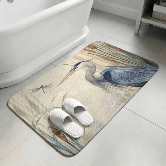 Blue Heron Bathroom Rugs Non Slip Washable Bath Mat Absorbent Low Pile Front Door Mat Reeds Dragonfly Coastal Animals Indoor Doormat for Kitchen Entryway Shower Decor Accessories 19.7"x31.5"