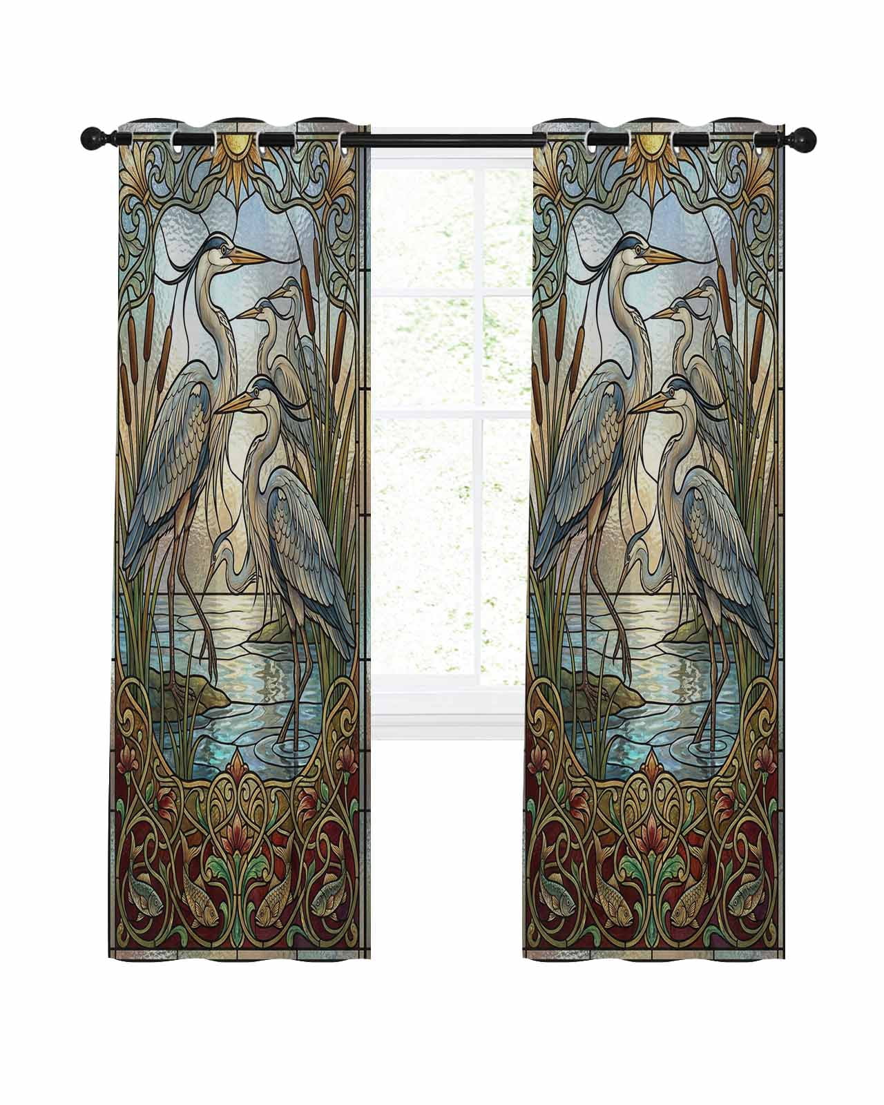 Blue Heron Blackout Curtains 84 Inch Length Retro Reeds Sunlight Birds ...
