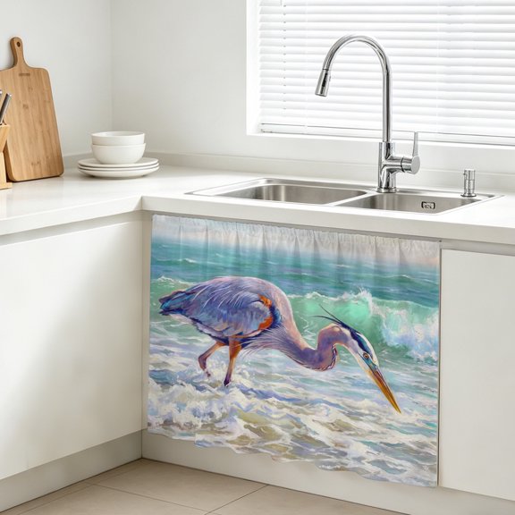 Blue Heron Cabinet Curtains for Kitchen 10"W x 11"L, Coastal Ocean Waves Bird Water Splash Realistic Style Under Sink Skirt Magic Tape Short Curtain Decorative Privacy Panel for Bathroom Laundry