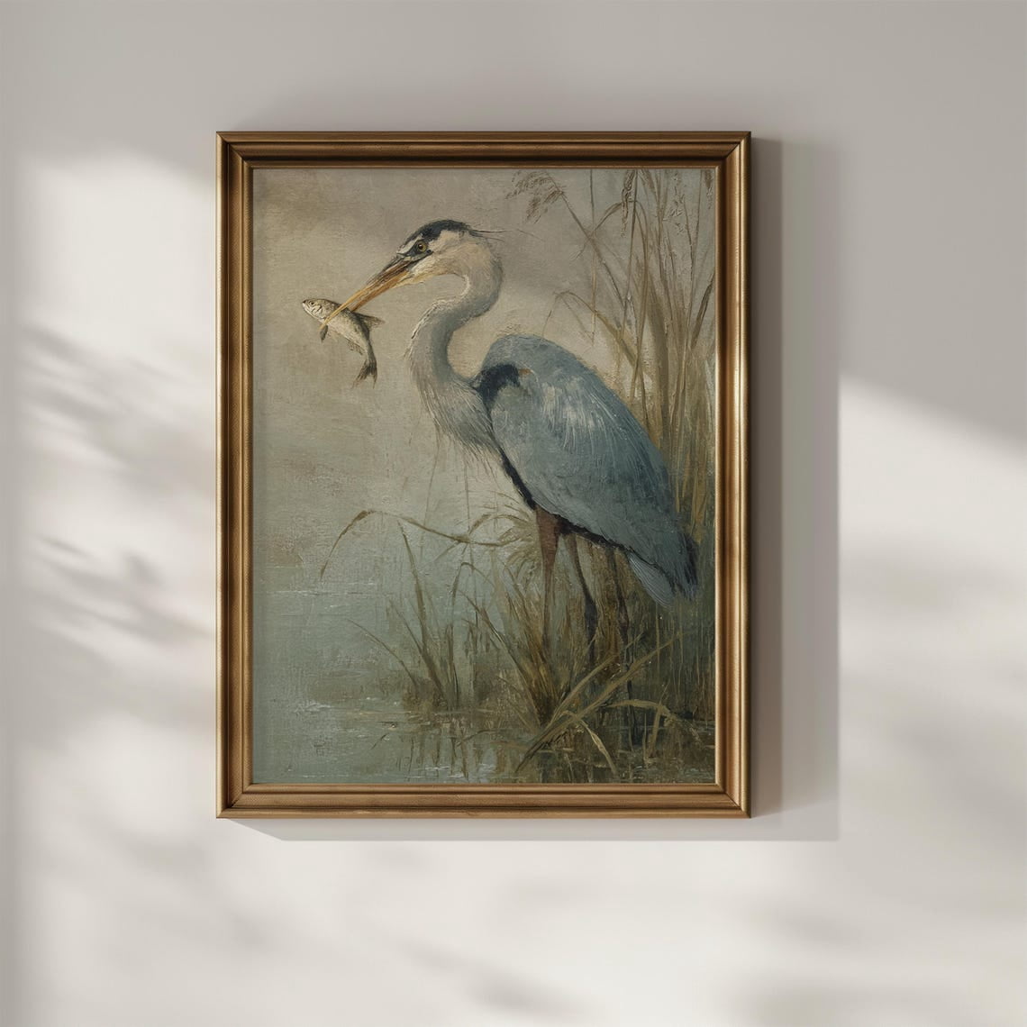 Blue Heron Coastal Bird Catching Fish Vintage Poster, Coastal Living ...