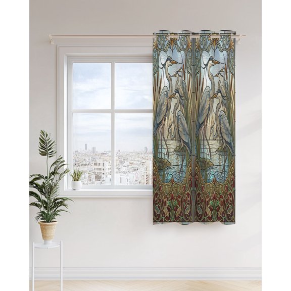Blue Heron Curtains 36 inches Long for Living Room Bedroom Retro Reeds Sunlight Birds Stained Glass Windows Sliding Door Sheer Curtains Light Filtering Curtain 1 Panel Grommet Window Drape
