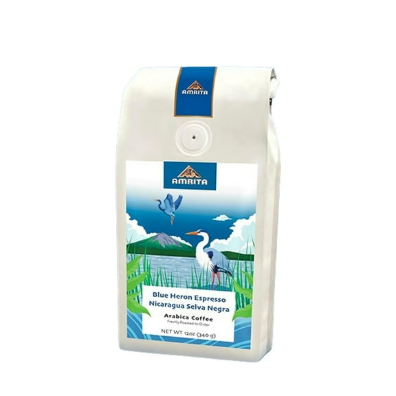 Blue Heron Espresso Nicaragua Selva Negra - Dark - Roasted by Amrita Certified Pure - Whole Bean Coffee - 12 Ounce Bag