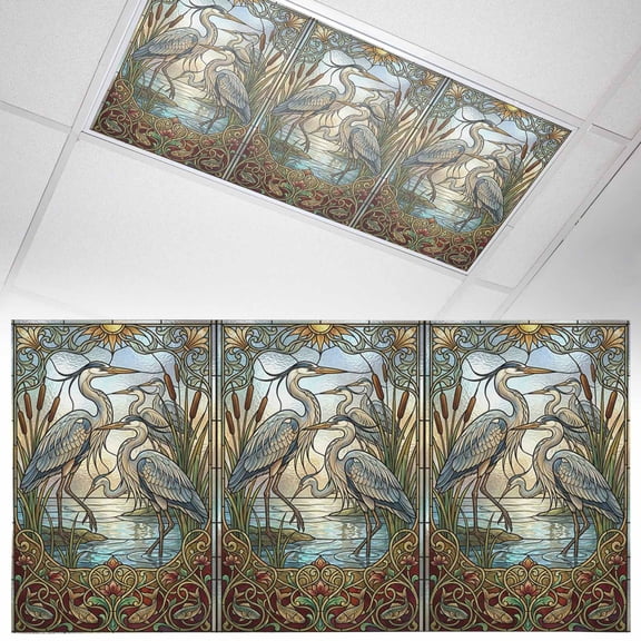 Blue Heron Fluorescent Light Covers Retro Reeds Sunlight Birds Stained Glass Windows Magnetic Light Filters Ceiling Lighting Panel Shade for Classroom Office Home 2 x 4 ft, 1 Pack