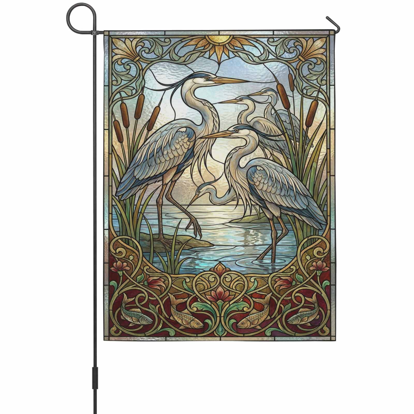 Flag Reeds Blue Heron Garden Flag 12 x 18 Inches, Retro Reeds Sunlight Birds ...