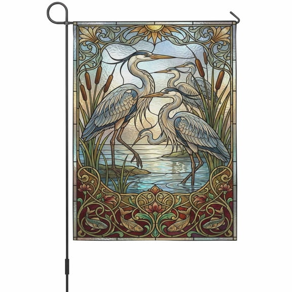 Blue Heron Garden Flag 12 x 18 Inches, Retro Reeds Sunlight Birds Stained Glass Windows Weather Proof Outdoor Patio Flags Double Sided Small Garden Decoration for Yard Outside Home