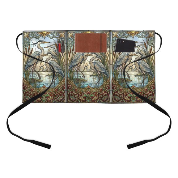 Blue Heron Half Waist Apron Retro Reeds Sunlight Birds Stained Glass Windows Short Waiter Aprons with 3 Pockets for Women Men Kitchen Restaurant Cooking