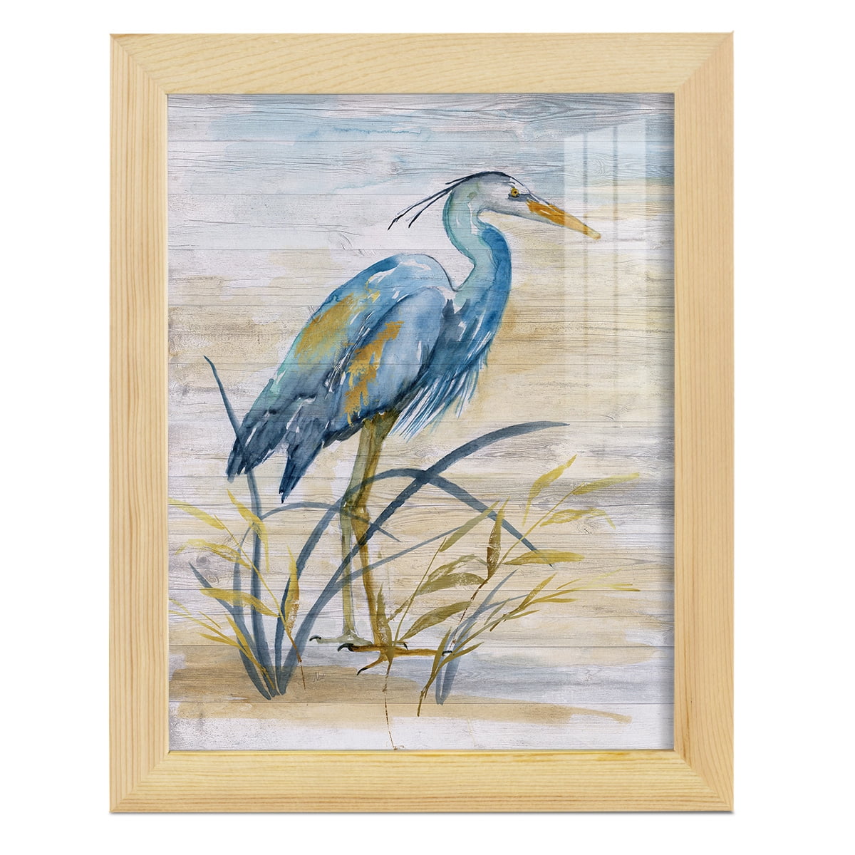 Blue Heron I -Framed Print w/glass-Natural Wood