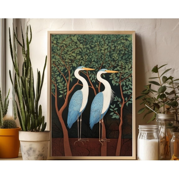Blue Heron Minimalist Coastal Norwegian Folk Floral Bird Wall Art Print, Expressive Botanical Theme For Bedroom And Living Room Decor