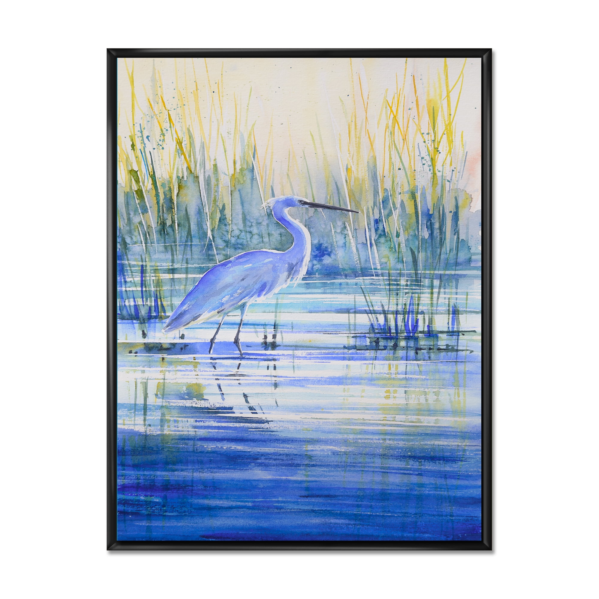 Blue Heron On The Lake Shore 16 in x 32 in Framed Painting Canvas Art Print, by Designart