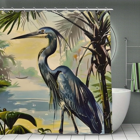 Blue Heron Palm Trees Tropical Print Shower Curtain,Modern Fabric Waterproof Shower Curtain Set with Hooks,70.8×70.8Inch