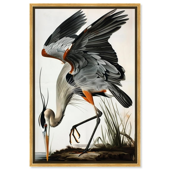 Blue Heron Picking Canvas Vintage Animal Art by Art Remedy, Gold Frame, 24" x 36"