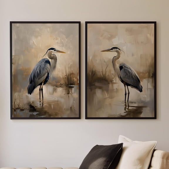 Blue Heron Piece Wall Art Rustic Coastal Minimalist Farmhouse Decor Beach Artwork Set 2 Unframed Paper Print