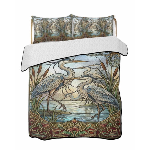 Blue Heron Quilts Bedding Set Queen Size Retro Reeds Sunlight Birds ...