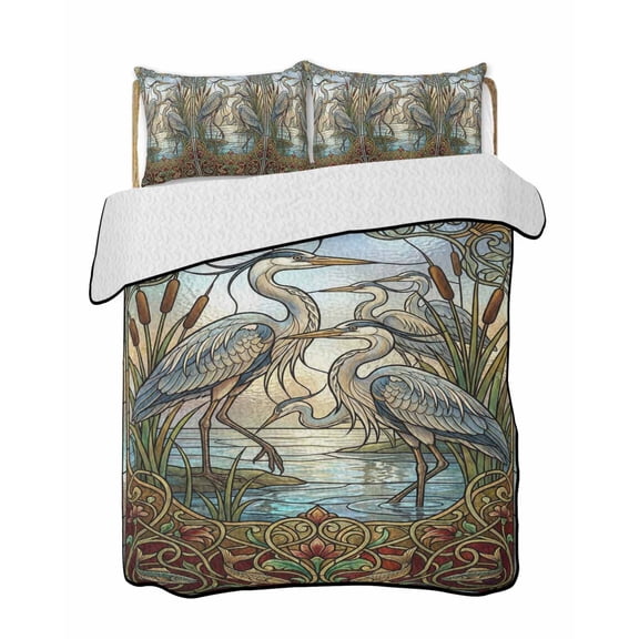 Blue Heron Quilts Bedding Set Twin Size Retro Reeds Sunlight Birds Stained Glass Windows Lightweight Quilted Bedspread 3 Piece Bed Quilt with 2 Pillow Shams All Season for Bedroom 68" x 86"