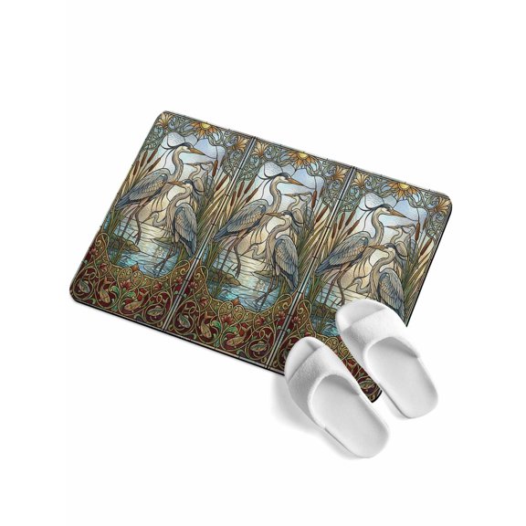Blue Heron Soft Diatomaceous Earth Mat, Retro Reeds Sunlight Birds Stained Glass Windows Absorbent Bath Mat Non Slip Rubber Backed Quick Dry Doormat Fit Under Door for Bathroom Kitchen 24"x36"