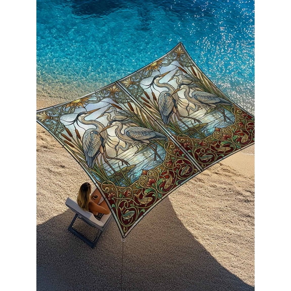 Blue Heron Sun Shade Sail 6.5' x 10', Retro Reeds Sunlight Birds Stained Glass Windows Rectangle Outdoor Sunshade Canopy, Waterproof UV Block Patio Covers for Garden Yard Beach