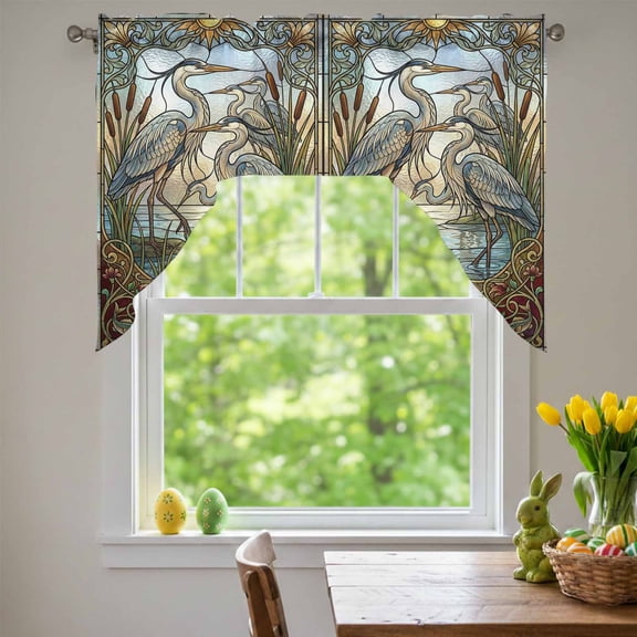 Blue Heron Swag Valances for Kitchen Window, Retro Reeds Sunlight Birds Stained Glass Windows Small Swag Valances Rod Pocket Curtain Drapes Window Treatment for Bedroom Bathroom, 56x36 Inch
