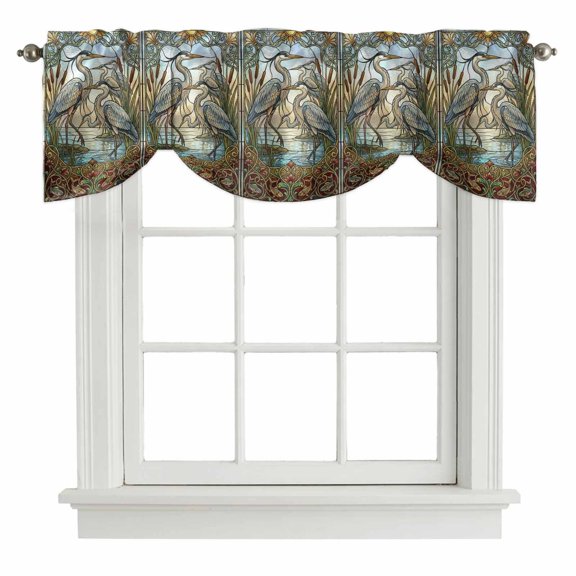 Blue Heron Tie Up Valance Curtains Retro Reeds Sunlight Birds Stained Glass Windows Adjustable Light Filtering Tie Up Valance Small Window Shade for Kitchen Bedroom Cafe 42" W x 12" L