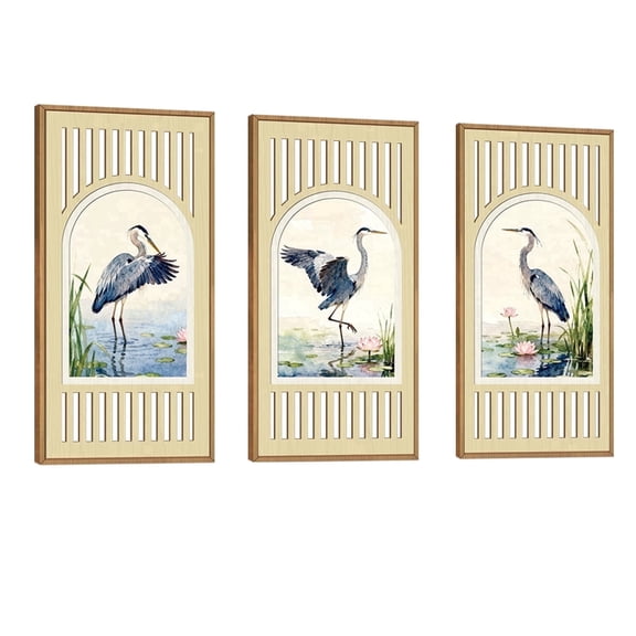 TOARTi Blue Heron Wall Art Sea Bird Framed Watercolor Lake Wood Cut out Coastal Animal Set of 3 for Living Room Bedroom Farmhouse 8x16 Inch
