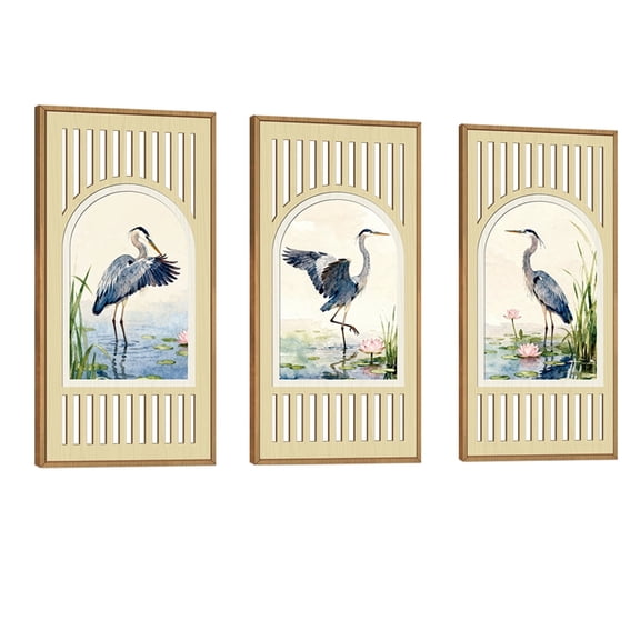 TOARTi Blue Heron Wall Art Coastal Framed Nature Landscape Watercolor Lotus Wood Cut Out Set of 3 For Living Room Bedroom Farmhouse 8x16 Inch