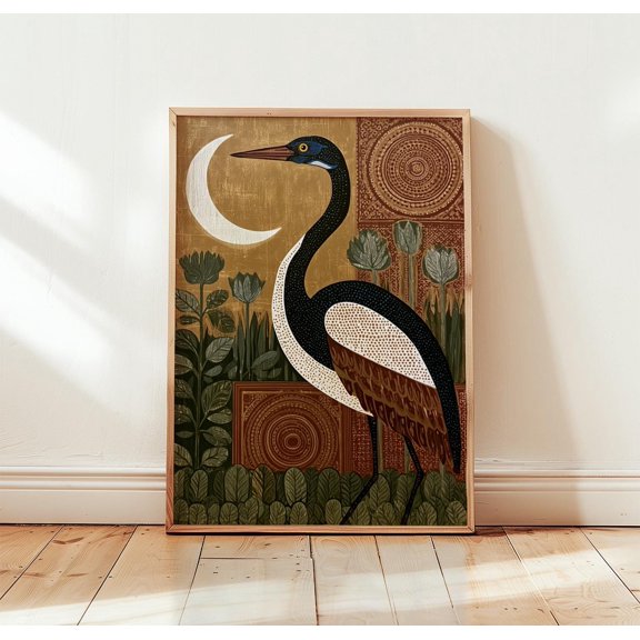 Blue Heron Wall Art | Moon Bird Print | Folk Nature Poster | Botanical Decor, Poster Only