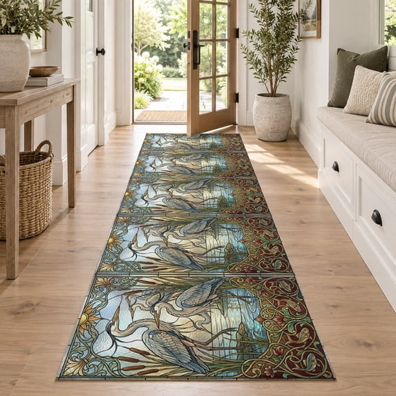 Windows Apps Retro Blue Heron Washable Runner Rug 2.6x8, Retro Reeds Sunlight Birds ...