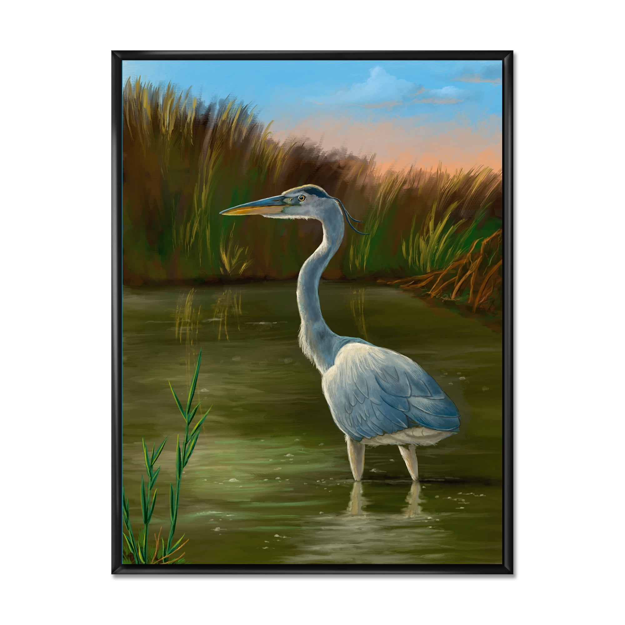 Blue Heron Wetland Bird on The Lake Shore 30 in x 40 in Framed Painting Canvas Art Print, by Designart