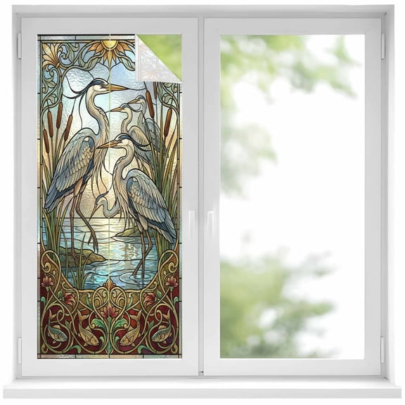 Blue Heron Window Privacy Film 17.7x39.3in Retro Reeds Sunlight Birds Stained Glass Windows Decorative Window Film with Static Cling, UV Filtering Window Cling Privacy Film for Glass Doors