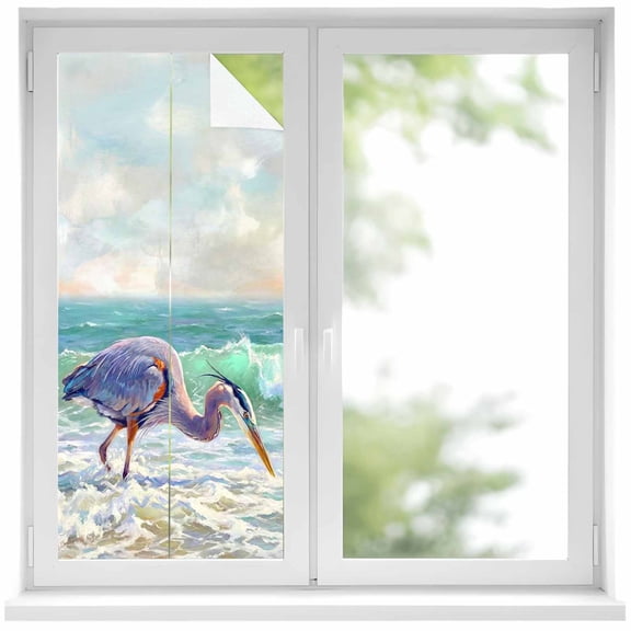 Blue Heron Window Privacy Film, Coastal Ocean Waves Bird Water Splash Realistic Style Frosted Glass Window Clings Static Cling UV Heat Blocking Reusable Door Sticker for Bathroom 17.7 x 39.3 Inch