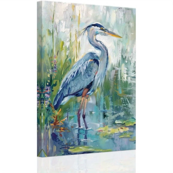 Blue Heron Wrap Canvas Painting - Coastal Sea Bird Wall Art, Framed Canvas Print for Bedroom or Bathroom Decor, Serene Nature Scene with Vibrant Colors, Indoor Use Only, Sea Decor, 2D Flat,