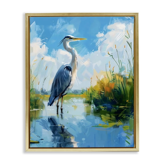 Stupell Industries Blue Heron in Wetlands Gold Framed Floater Canvas Wall Art, design by LSR Design Studio, 21 x 17