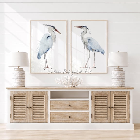 Blue Herons Prints Diptych Minimalist Bird Painting Coastal Wall Decor Set 2