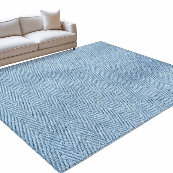 Blue Herringbone Area Rugs 6x9ft Modern Minimalist Woven Textured Floor Rug Non Slip Low Pile Ultra Soft Throw Carpet for Entryway Indoor Entrance Kitchen Bathroom