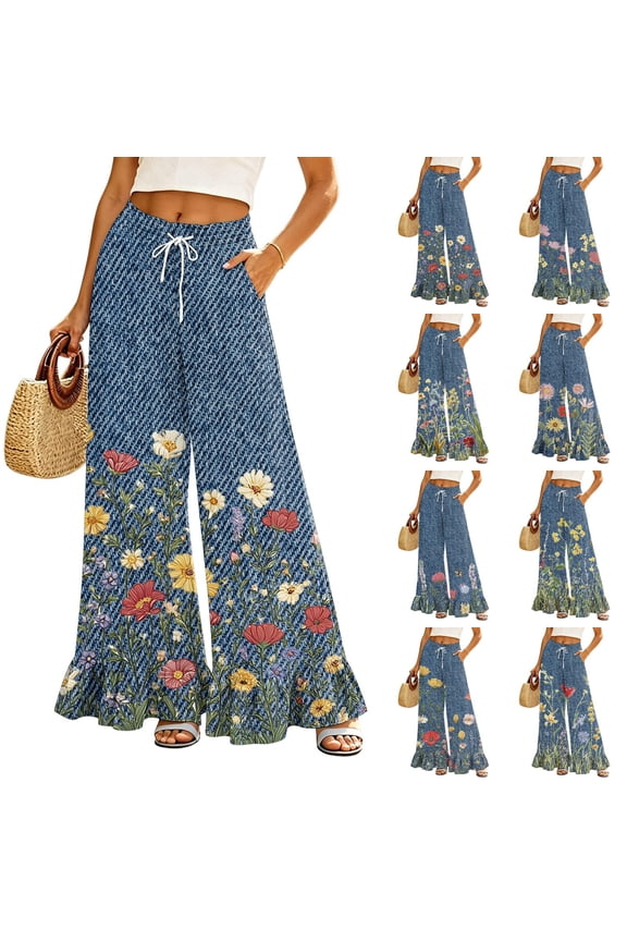 Blue Herringbone Floral Palazzo Pants for Women, High Waist Drawstring Wide Leg Trousers - Summer Flowy Ruffle Hem Lounge Bottoms Yellow XXL