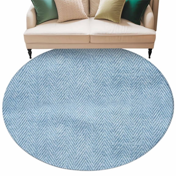 Blue Herringbone Round Living Room Rugs 6 ft, Modern Minimalist Woven Textured Washable Area Rug with Non-Slip Sturdy Edge Binding Round Carpet for Kitchen Office Bedroom