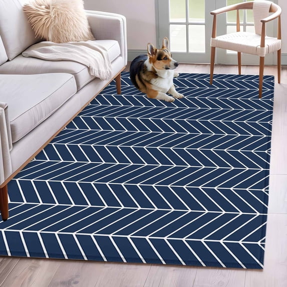 Blue Herringbone Stripes Area Rugs 4'x6', Modern Abstract Geometric Navy Blue Simple Lines Low Pile Throw Living Room Rug Non-Slip Sturdy Edge Binding Carpet for Indoor Entryway Bedside Kitchen