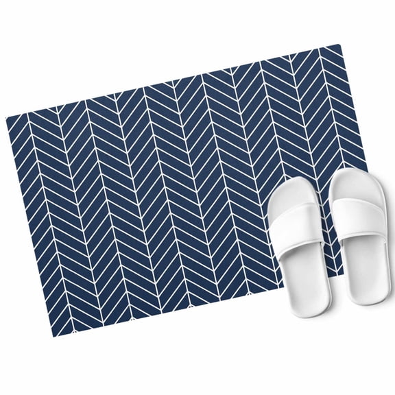 Blue Herringbone Stripes Door Mat Modern Abstract Geometric Navy Blue Simple Lines Non Slip Absorbent Entrance Mat Washable Low Profile Indoor Doormat for Front Door Entryway Entry 16"x24"