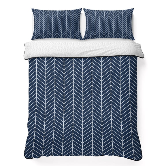 Blue Herringbone Stripes Full Quilt Bedding Set, Modern Abstract Geometric Navy Blue Simple Lines Lightweight Comforter with 2 Pillow Shams Bedroom Bedspread Set Home Decor for All Seasons