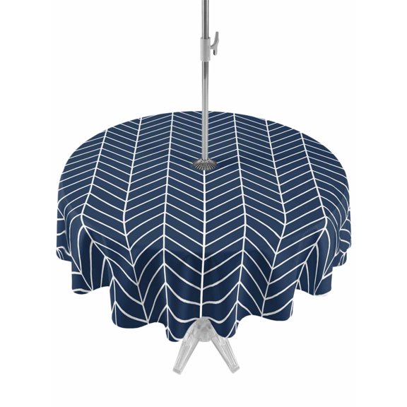 Blue Herringbone Stripes Round Outdoor Tablecloth with Umbrella Hole Modern Abstract Geometric Navy Blue Simple Lines 54 Inch Round Waterproof Table Cover Zippered Table Cloth for Garden Patio