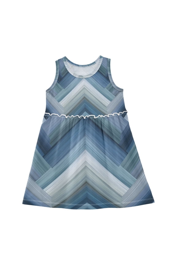 Blue Herringbone Stripes Sleeveless Dress A-Line One-Piece Dress Quick Dry 8Y