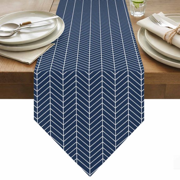 Blue Herringbone Stripes Table Runner 48 Inches Long Modern Abstract Geometric Navy Blue Simple Lines Table Runners for Dining Room Tabletop Dresser Scarf Home Party Banquet Holiday Decoration
