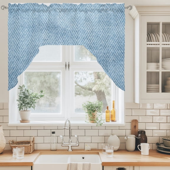 Blue Herringbone Swag Curtain Valance for Windows, Modern Minimalist Woven Textured Swag Curtains Drapes Rod Pocket for Kitchen Bathroom Small Window, 1 Panel 56x36in
