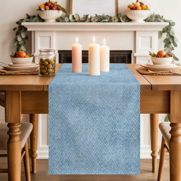 Blue Herringbone Table Runner 13x48 Inch Modern Minimalist Woven Textured Cotton Linen Dining Table Runner Ideal for Dresser Kitchen Coffee Tables - Machine Washable