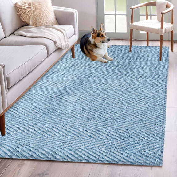 Blue Herringbone Washable Area Rug 3x5 Modern Minimalist Woven Textured Low-Profile Small Area Rugs with Non Slip Backing Indoor Floor Carpet for Entrance Living Room Bedroom Home Office