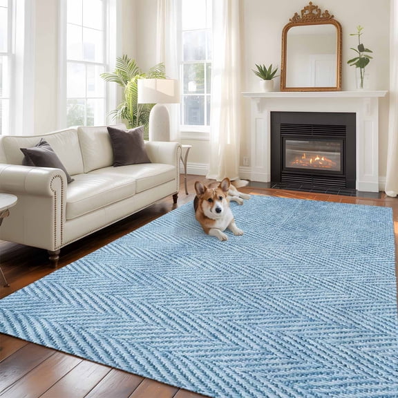 Blue Herringbone Washable Area Rug 8x10 Modern Minimalist Woven Textured Low-Profile Large Area Rugs with Non Slip Backing Indoor Floor Carpet for Entrance Living Room Bedroom Home Office