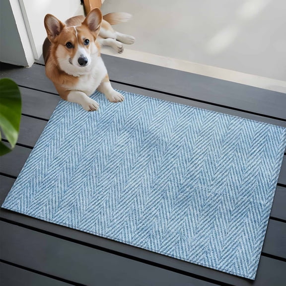 Blue Herringbone Washable Entry Rug 2x3 Modern Minimalist Woven Textured Low Pile Indoor Door Mat with Rubber Backing Thin Area Rug for for Entrance, Bedroom, Kitchen, Laundry, Bathroom