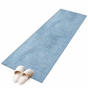 Blue Herringbone Washable Runner Rugs 2'x6', Modern Minimalist Woven Textured Low Pile Throw Entryway Rug Non-Slip Sturdy Edge Binding Carpet for Indoor Bedside Entrance Bedside