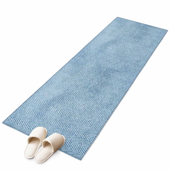 Blue Herringbone Washable Runner Rugs 2'x6', Modern Minimalist Woven Textured Low Pile Throw Entryway Rug Non-Slip Sturdy Edge Binding Carpet for Indoor Bedside Entrance Bedside